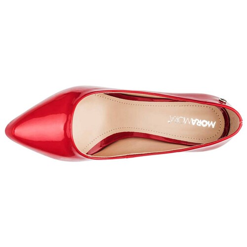 Moramora zapatilla roja con acabado acharolado y tacón de aguja, cod 109148.