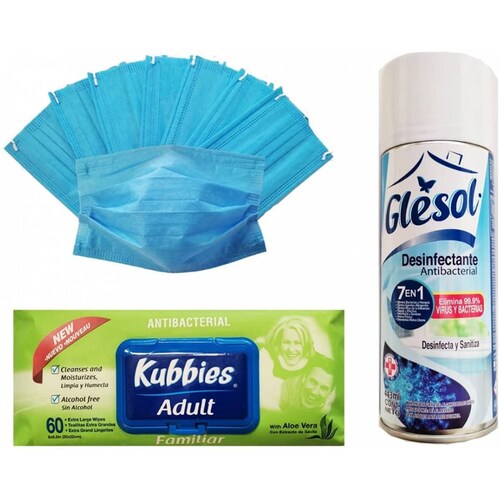 Set Desinfectante Antibacterial, Glesol, 100 Cubrebocas + Desinfectante Antibacterial Glesol 443 ml + 60 Toallitas Kubbies Adulto Antibacteriales con Aloe Vera (Natural)