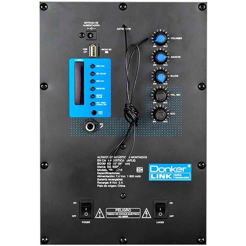 BAFLE AMPLIFICADO 15" USB BT MICRO SD LUZ LED MARCA DONKER