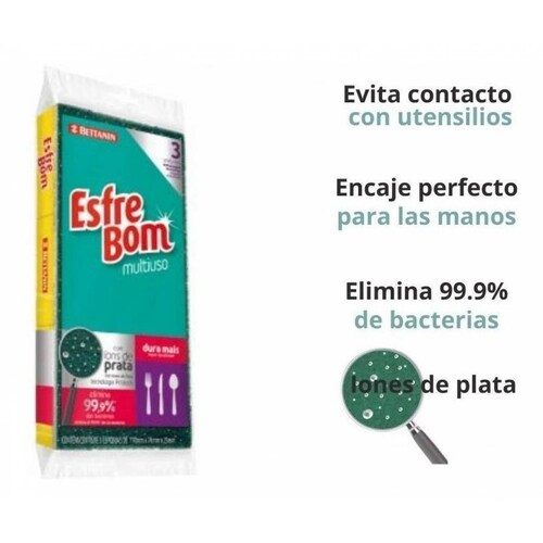 Esfrebom Esponja Fibra Para Lavar Trastes Cocina Paquete 3 