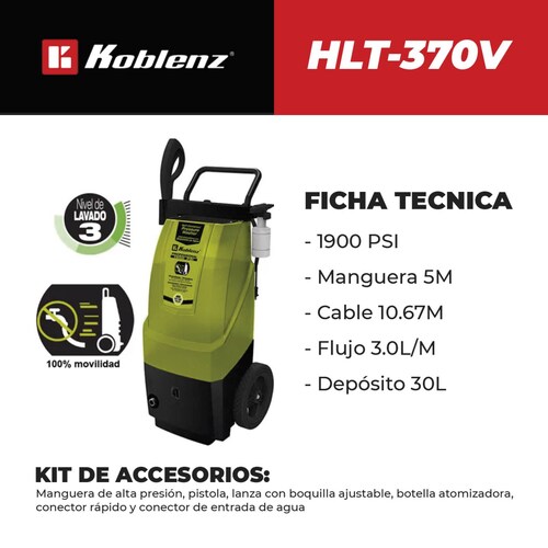Hidrolavadora 1900 Psi 4 5 Lt Min Tanque 30 Koblenz Hlt 370V