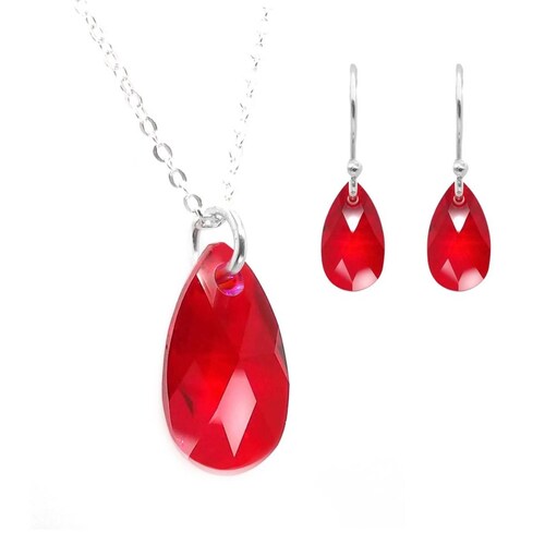 Juego ZVEZDA, Swarovski Crystals, corte Leaves, color Light Siam, plata mexicana .925