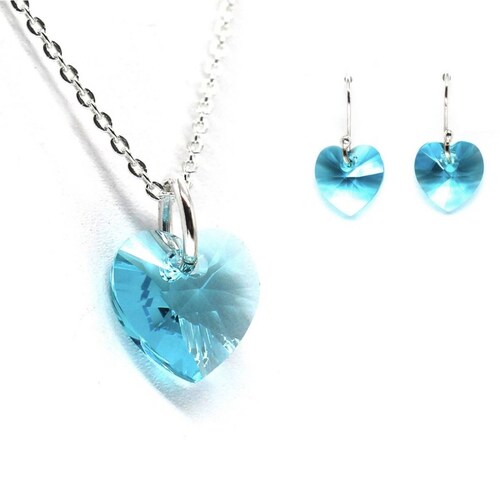 Juego ZVEZDA, Swarovski Crystals, corte Heart, color Turquoise, plata mexicana .925