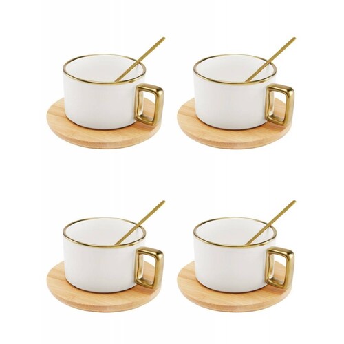 Juego De 4 Tazas De Ceramica Con Base Y Cuchara Blanca.