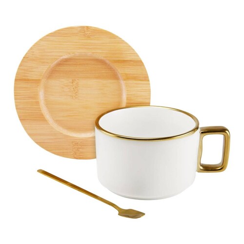 Juego De 4 Tazas De Ceramica Con Base Y Cuchara Blanca.