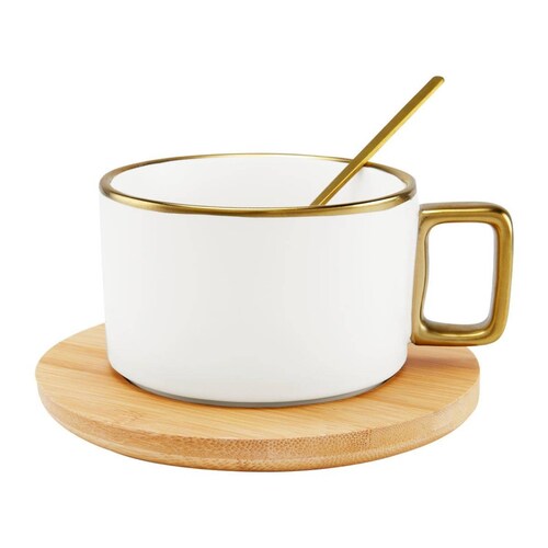 Juego De 4 Tazas De Ceramica Con Base Y Cuchara Blanca.