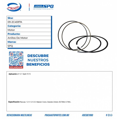 Anillos De Motor; 69.70mm; 1.2 X 1.2 X 2.0 SPQ Para Spark L4 (1.2); 2010-2013