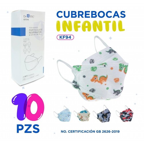 Cubrebocas Kf94 Infantil Mascarillas De Niño 10 Pzs Blanco Dinosaurios.