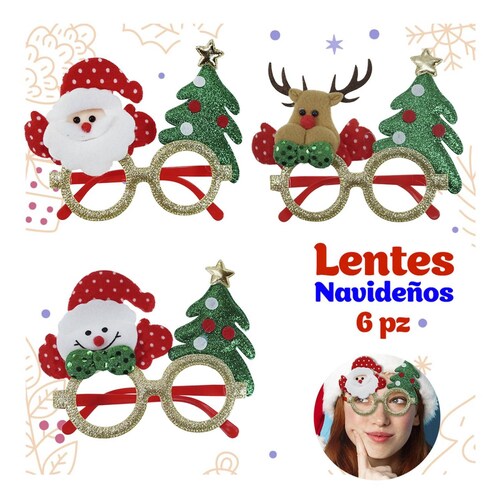 Lentes Navideños Santa Reno y Muñeco de Nieve 6 piezas Multicolor