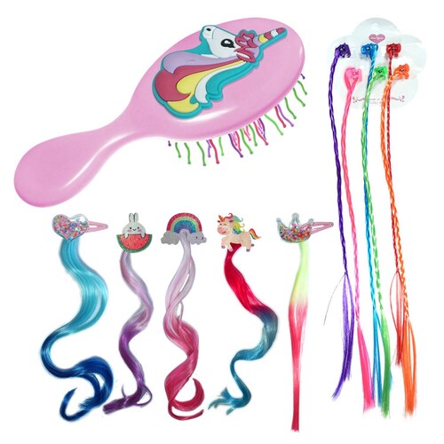 Extensiones De Cabello Mechas De Colores Para Niña y Cepillo 11pz Rosa