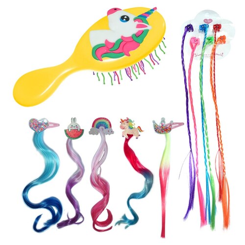 Extensiones De Cabello Mechas De Colores Para Niña y Cepillo 11pz Amarillo.
