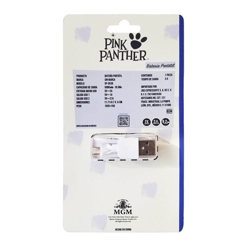 Power Bank 5000mAh Pantera Rosa Batería Externa Portátil 2 USB VG-PB-S-01-PK Ideal para Regalo