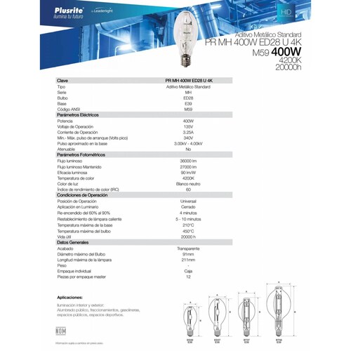 12 uni Foco PLUSRITE de Aditivo Metalico 400W E39 ED28 4000K 