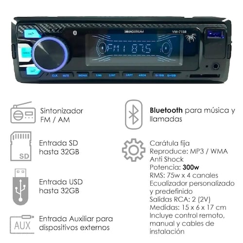 Autoestereo Con Bluetooth Soundstream 715B Entrada USB SD MP3 y control 