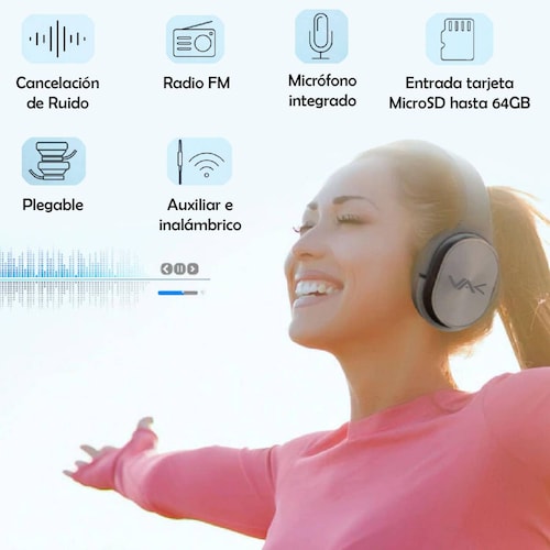 AUDIFONOS VAK T20 Bluetooth FM Entrada SD Aux Diadema GIRATORIA lujo 