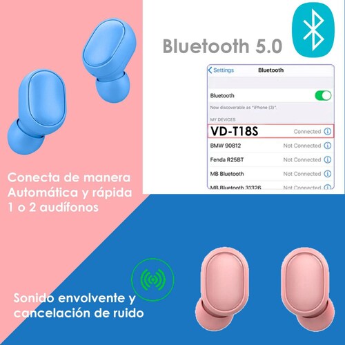 AUDIFONOS VAK T18S Bluetooth Base LED Manos Libres TWS Macaron Azul