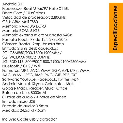 Tablet Vak 102x Deca Core 12' 64gb 2 Sim 4g 3GB RAM ANDROID 