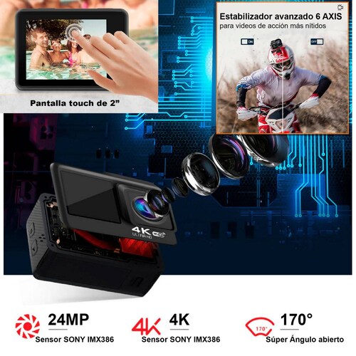 CAMARA DIGITAL DEPORTIVA V36 DOBLE PANTALLA 4K WIFI c AGUA .