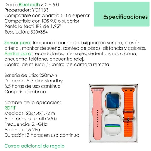 Reloj Smartwatch VAK Y3 con audifinos Bluetooth Fitness Rosa.