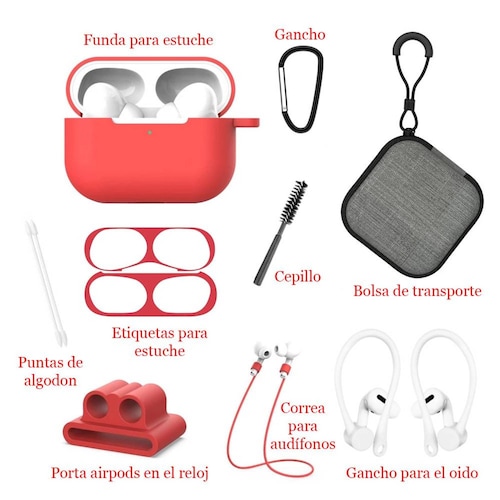 Funda y kit de Accesorios para Airpods Pro 9 piezas Color Rojo