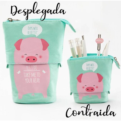 Lapicera estuche organizador lapices y plumones desplegable Cerdito Rosa
