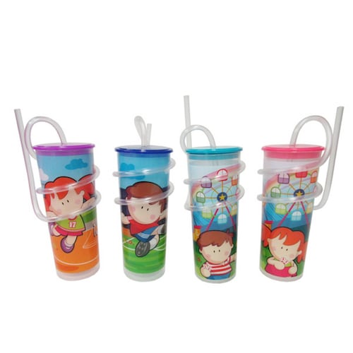 Vaso con popote en espiral decorado capacidad 0.45lts