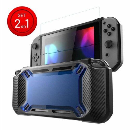 Carcasa Lenfech Nintendo Switch 2 En 1 Estuche y Cristal Templado Azul