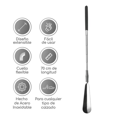Calzador Canotagio largo con mecanismo extensible de Acero Inoxidable cuello flexible Plateado