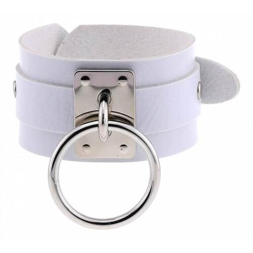 Brazalete Gótico De Cuero Con Aro Unisex A-143 Blanco 31 cm