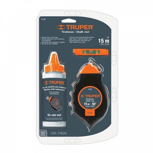 Tiralineas Plastico 30m Con Gis Y Nivel Truper 