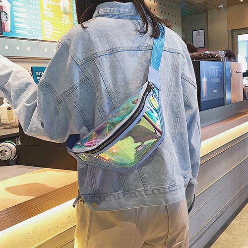 Bolsa Cintura Cangurera Transparente Brillo Oro Mpb-394 Azul