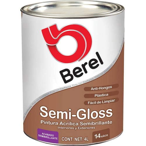 PINTURA ACRÍLICA PARA INTERIOR Y EXTERIOR BEREL SERIE 2000 DE 4 LITROS SEMI-GLOSS 