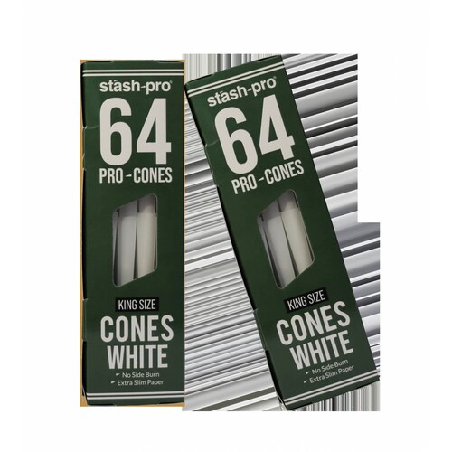 Caja de 64 conos pre rolados Pro Premium King Size ultra fino Marca STASH PRO