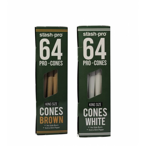 Caja de 64 conos pre rolados Pro Premium King Size ultra fino Marca STASH PRO
