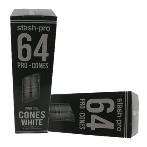 Caja de 64 conos pre rolados Pro Premium King Size ultra fino Marca STASH PRO