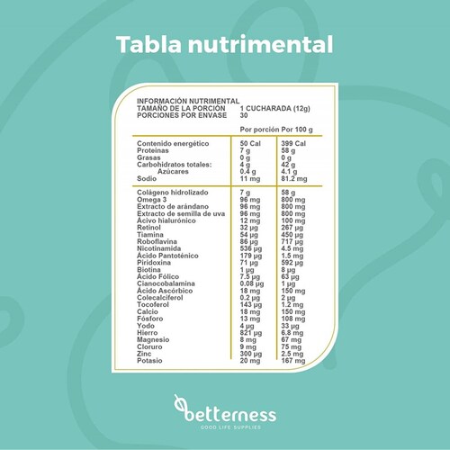 Colágeno Hidrolizado Polvo Betterness Omega 3 Vitaminas 360g
