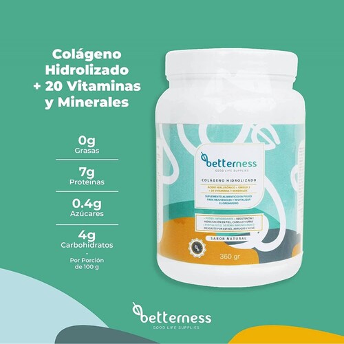 Colágeno Hidrolizado Polvo Betterness Omega 3 Vitaminas 360g