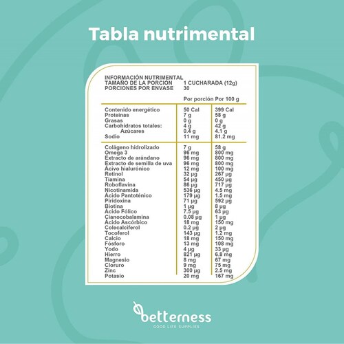Colágeno Hidrolizado Polvo Betterness Omega 3 Vitaminas 360g