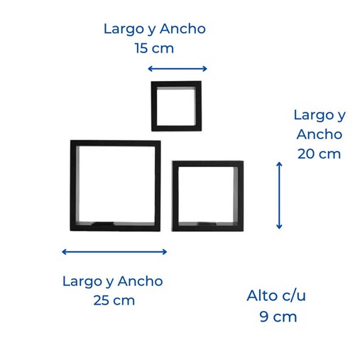 Set 3 repisas flotantes cuadradas minimalista negras 