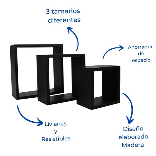 Set 3 repisas flotantes cuadradas minimalista negras 