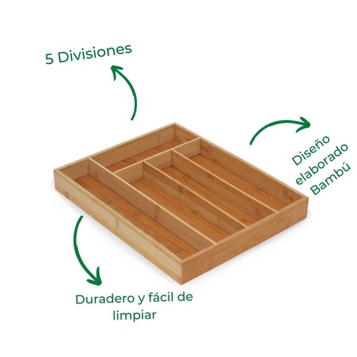 Charola Organizadora De Cubiertos Bambú, 5 Divisiones Cocina 