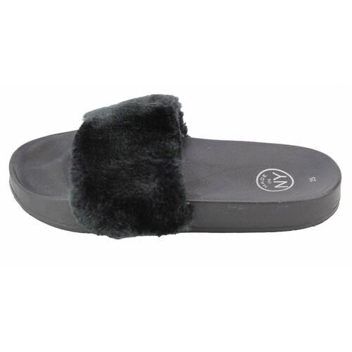 Sandalia slide nyc dama con peluche negro