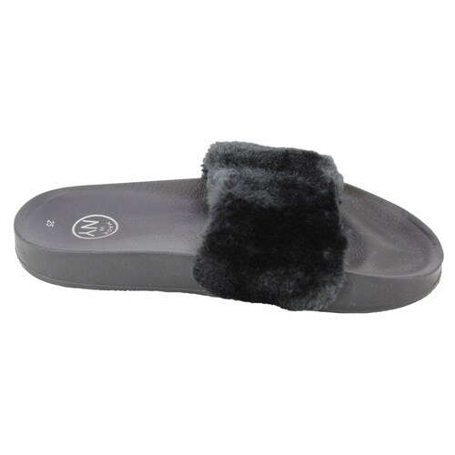 Sandalia slide nyc dama con peluche negro
