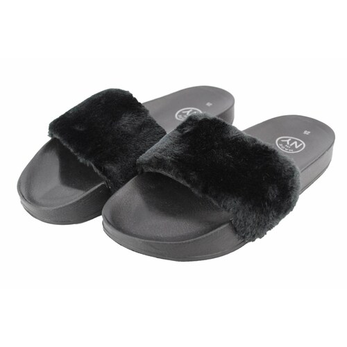 Sandalia slide nyc dama con peluche negro