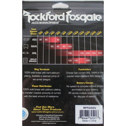 Bloque De Distribución Para Fusibles AGU Rockford Fosgate RFFDAGU Calibres 4 Y 8 Awg 3 Entradas Y 2