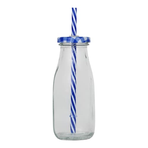 Botella vidrio tapa y popote 300 ml varios colores