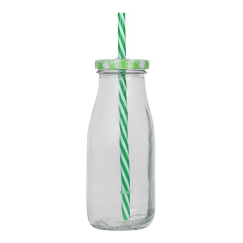 Botella vidrio tapa y popote 300 ml varios colores