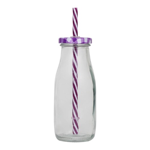 Botella vidrio tapa y popote 300 ml varios colores