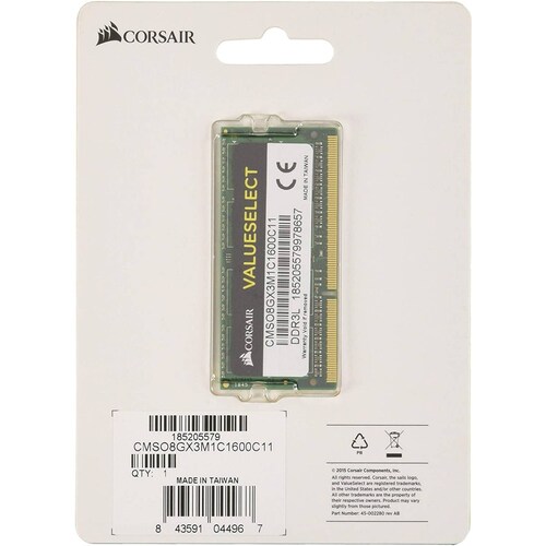 Memoria Ram Sodimm Corsair, DDR3L, 8GB, Bajo Voltaje, 1600MHZ