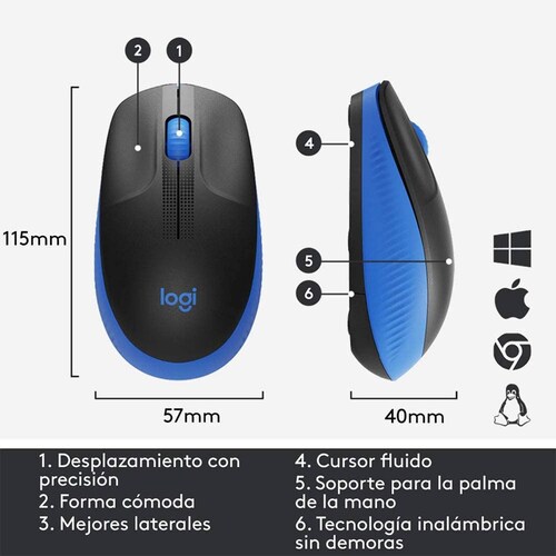 Mouse Optico Inalambrico Logitech M190 Negro con Azul, Ambidiestro, 1000 dpi, 3 botones, (910-005903)